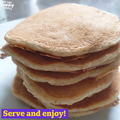 Image of pumpkin pancakes with text 'Serve and enjoy!' overlaid in a purple box with yellow text.