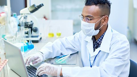 Busy scientific researcher using laptop to enter data