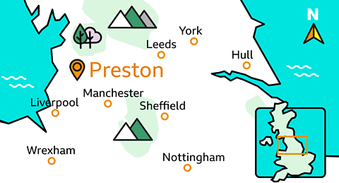 A map of the UK showing where Preston is