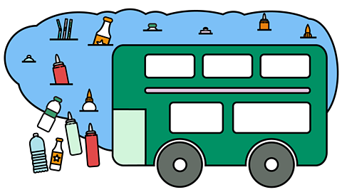 A green bus on a beach surrounded by plastic pollution on sand and in ocean