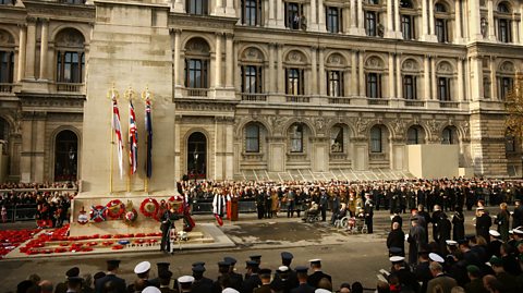 First World War veterans Bill Stone, Harry Patch and Henry Allingham lead the tributes at the 2008 Armistice Day commemorations at the Cenotaph in London.