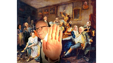 Cold War Steve Rupert Murdoch blocks our view of the imagined debauchery of Boris Johnson and Silvio Berlusconi in Cold War Steve's homage to Hogarth (Credit: Cold War Steve)