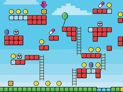 A screenshot of an 8-bit retro platform game, with coins, blocks and ladders in the level