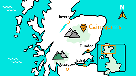 A map of Scotland showing the location of the Cairngorms