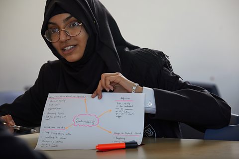 A student holds a min map on sustainability and climate change in a classroom