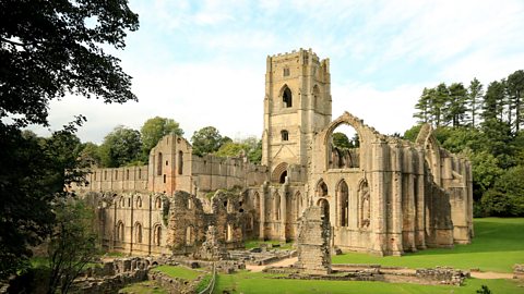 An image of the ruins of Fountains Abbey, Yorkshire.