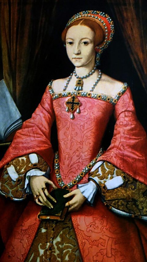 A portrait of Elizabeth I as a young princess, wearing a red dress and holding a black book.