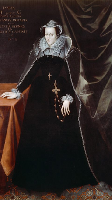 A portrait of Mary Queen of Scots, who is wearing a long black dress.