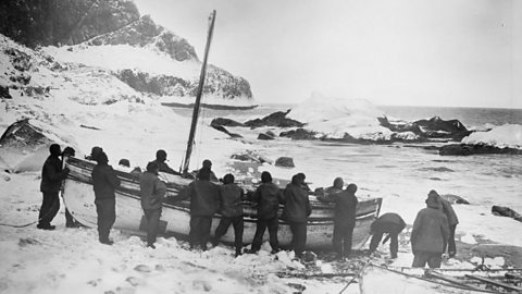 Ernest Shackleton and his team with the boat 'James Caird' on Elephant Island in the South Pole in 1916.