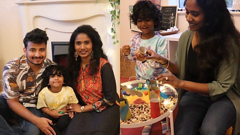 Mother and son making Diwali crafts