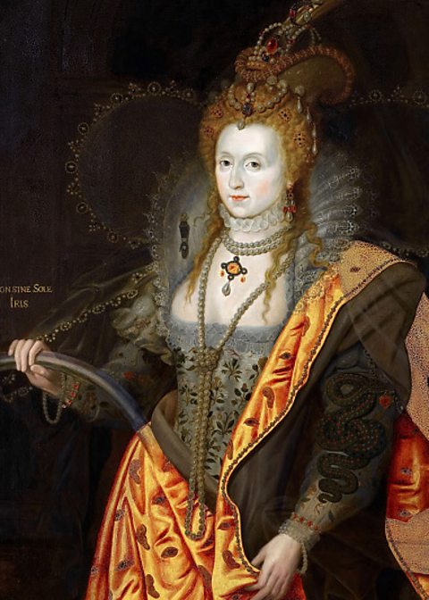 A portrait of Elizabeth I, holding a rainbow and wearing a dress with an orange sash, which is decorated with eyes and ears.