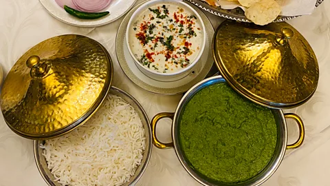 Amrita Sarkar Chef Manoj Verma’s nimona is served with rice and raita at BrijRama Palace (Credit: Amrita Sarkar)