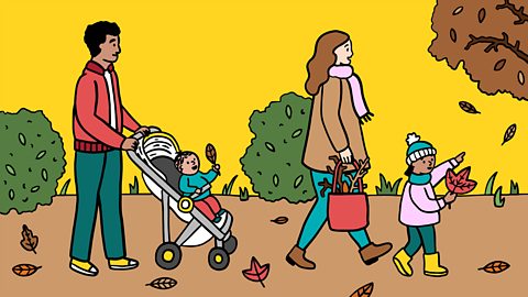 An illustration of two parents out on an autumn walk. Their two kids are holding autumn leaves.