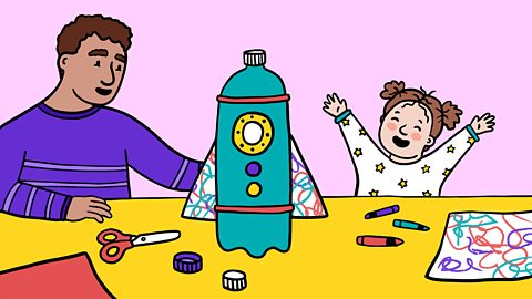 An illustration of a father making a recycled rocket out of a water bottle with his daughter.