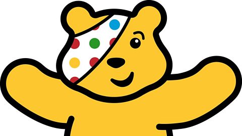 A drawing of Pudsey, a yellow bear who is the Children in Need mascot.