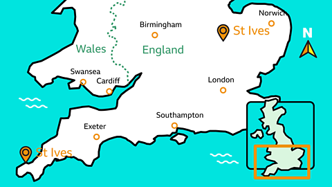 A map showing the location of the two places called St Ives