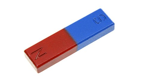 A bar magnet. Red North pole at one end. Blue South pole at the other.