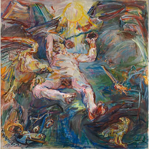 Fondation Oskar Kokoschka DACS 2021/ The Courtauld The right-hand canvas shows a nightmarish scene as Prometheus is punished (Credit: Fondation Oskar Kokoschka DACS 2021/ The Courtauld)