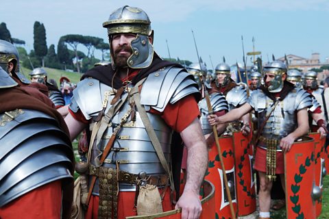  A modern recreation of a Roman legionaries in full military uniform.