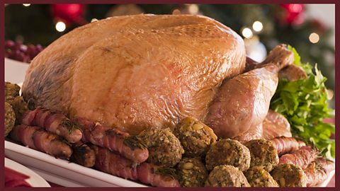 Focus image: A roast turkey surrounded by stuffing balls and sausages