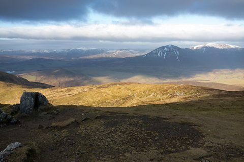 The view from the top of Ben Vrackie looking across the Grampian Mountains