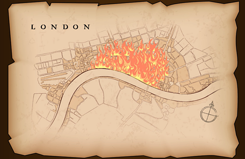 Map of London with fire in the centre.