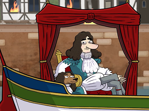 King Charles II and his dog on a boat.