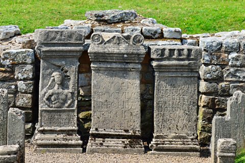 Stone altars at the Temple of Mithras at the Brocolitia Roman fort on Hadrian's Wall, Carrawburgh, Northumberland