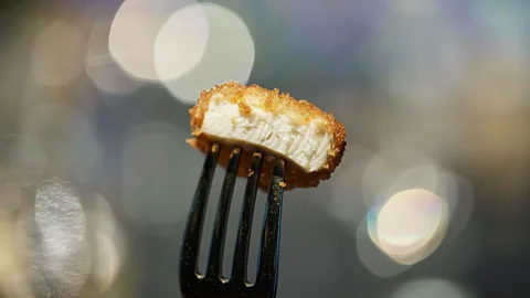 Nicholas Yeo/AFP/Getty Images Nuggets made from lab-grown chicken can be sold in Singapore after it became the first country to allow the sale of cultured meat (Credit: Nicholas Yeo/AFP/Getty Images)