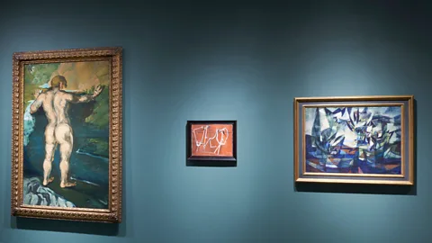 Steven Paneccasio Löwenstein's 1939 Composition (right) appears near paintings by Paul Cézanne (Bather and Rocks, left) and Pablo Picasso (Group of Characters, centre) (Credit: Steven Paneccasio)