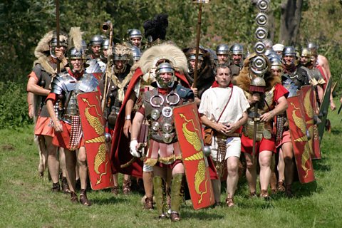 A  modern recreation of Roman soldiers.