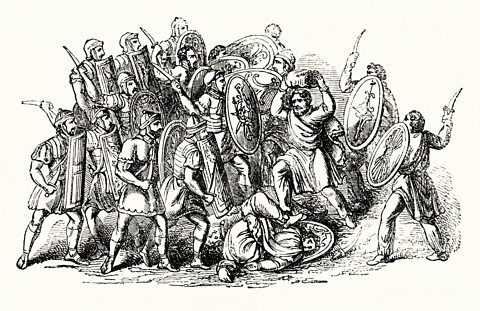  An engraving showing a battle between soldiers of the Roman Empire and German tribes.