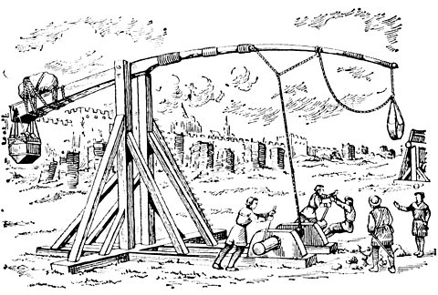 Black and white illustration of people loaded a trebuchet