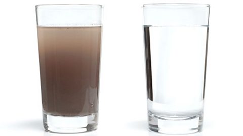 Two glasses of water, the first is dirty and the second has been distilled to be clear and safe to drink