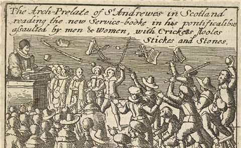 An engraving from the 1600s showing a riot that took place when a priest attempted to use Charles' new prayer book in Scotland