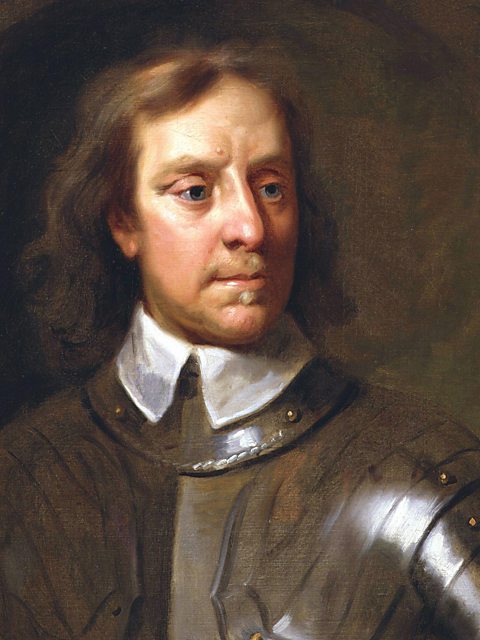A portrait of Oliver Cromwell, who has brown shoulder-length hair and is wearing a suit of armour with a white collar.
