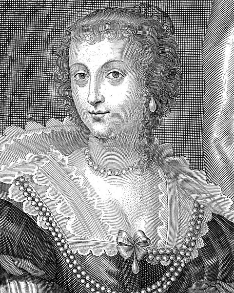 A black and white portrait of Charles' French wife, Henrietta Maria.