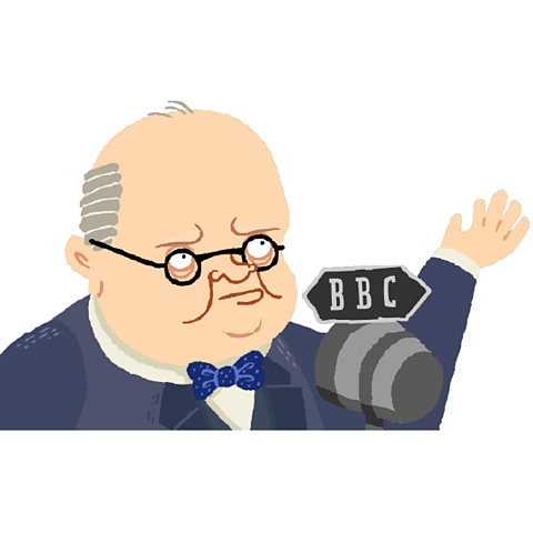 Churchill talking on a BBC microphone