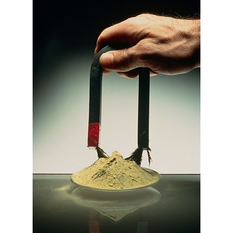 A mixture of iron filings and sulfur powder are separated using a magnet.