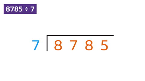 eighty-seven thousand eight hundred and fifty divided by seven is written out in a bus stop 