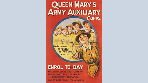 Poster recriwtio ar gyfer Women’s Army Auxiliary Corps, a newidiodd i Queen Mary’s Army Auxiliary Corps, yn ystod y Rhyfel Byd Cyntaf 