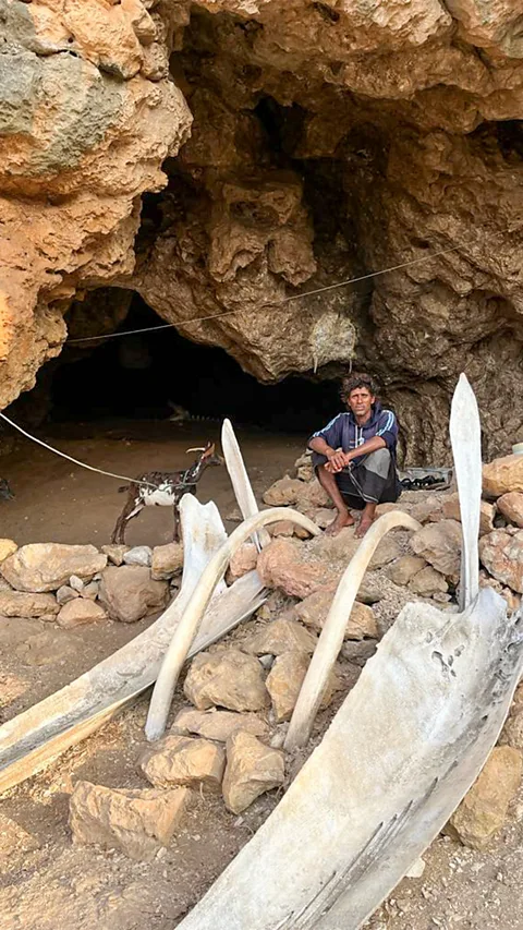 Geri Moore A series of whale ribs mark the entrance to Ellai's cave home (Credit: Geri Moore)