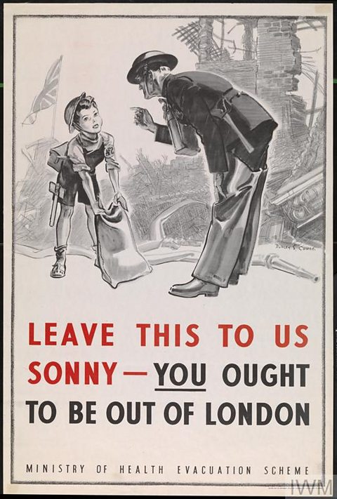 A WW2 evacuation poster showing an ARP warden talking to an evacuated child, with the caption, 'Leave this to us sonny- you should be out of London'.