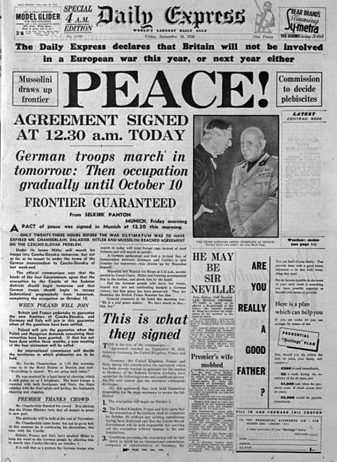 A newspaper front page declaring 'Peace!' following the Munich Conference in 1938.