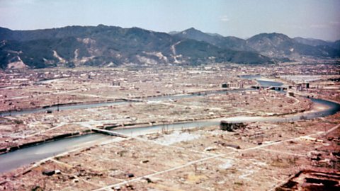 A photograph of the ruins of the city of Hiroshima following the dropping of an atomic bomb.