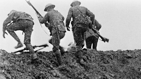 British soldiers going over the top from the film Battle of the Somme in 1916