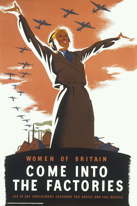 A World War Two poster produced to encourage women to take up jobs in munitions factories. It has a woman wearing a brown dress with her hands in the air in the centre, and small planes flying above her.