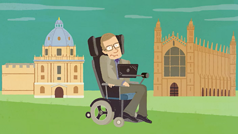 Stephen Hawking by the buildings of Oxford and Cambridge.