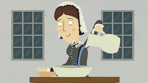 Florence Nightingale pouring fresh water into a bowl.