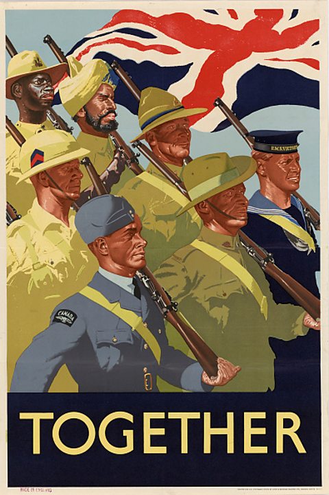 A 1942 poster, showing British Empire soldiers marching together.